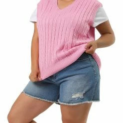 Allegra K Women's Plus Size Sweater Vest V Neck Solid Color Argyle Plaid Preppy Style Sleeveless Knit Vests