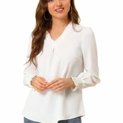 Allegra K Women's Ruffle V Neck Round Hem Blouse Long Sleeve Top