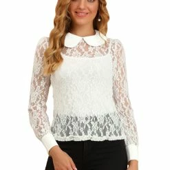 Allegra K Women's Long Sleeve Sheer Lace Blouse Peter Pan Collar Top