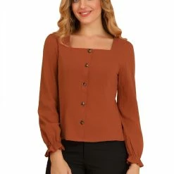 Allegra K Women's Square Neck Elegant Blouse Elastic Cuff Long Puff Sleeves Tops