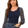 Allegra K Women's Ditsy Floral Print Sweetheart Neck Chiffon Sleeve T Shirt Tops