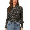 Allegra K Women's Vintage Floral Ruffle Tie Neck Button Decor Elastic Cuff Chiffon Blouse