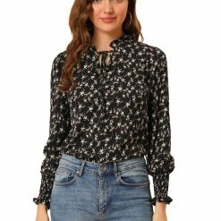 Allegra K Women's Vintage Floral Ruffle Tie Neck Button Decor Elastic Cuff Chiffon Blouse