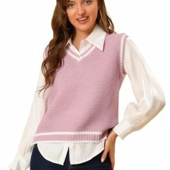 Allegra K Women's V Neck Sweater Vest Contrast Color Knit Sleeveless Pullover Sweater