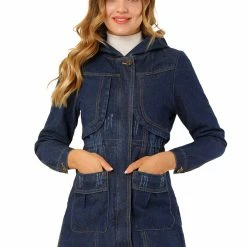 Allegra K Women's Hoodie Coat Zip Up Straight Pockets Drawstring Long Denim Jackets