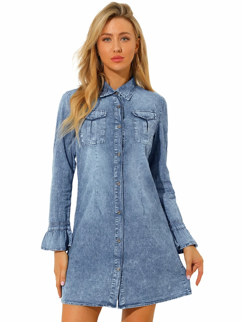 Allegra K Women's Button Down Long Bell Sleeve A-Line Chambray Denim Shirt Dress 3 Allegra K Women's Button Down Long Bell Sleeve A-Line Chambray Denim Shirt Dress