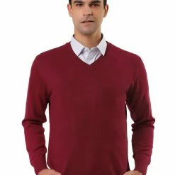 Allegra K Men's Classic Solid Color V Neck Knitted Long Sleeves Pullover Sweater