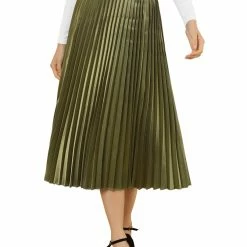 Allegra K Women's Elastic Waist Party Metallic Accordion Pleated Midi Skirt
