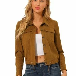 Allegra K Women's Faux Suede Casual Point Collar Button Up Biker Moto Jacket