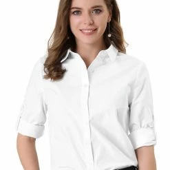 Allegra K Women's Button Down Shirts Collared Work Office Roll-up Long Sleeve Shirt