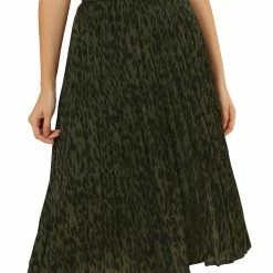 Allegra K Women‘s Casual Leopard Print Elastic Wasit Pleat A-Line Skirt