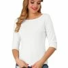 Allegra K Women Elbow Sleeves Round Neck Slim Fit Tee