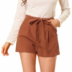 Allegra K Women's Casual High Waist Corduroy Belted Short