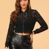 Allegra K Women's Stand Collar Zip Up Mesh Sheer Lace Bomber Jacket 1 Allegra K Women's Stand Collar Zip Up Mesh Sheer Lace Bomber Jacket