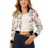 Allegra K Women's Floral Print Stand Collar Zip Up Bomber Jacket