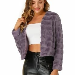 Allegra K Women's Winter Warm Cropped Jacket Collarless Faux Fur Fluffy Coat
