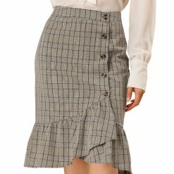 Allegra K Women's Wrap Skirts Plaid Button Closure Mermaid Ruffle Fishtail Skirt