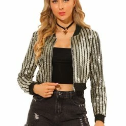 Allegra K Women's Glitter Sparkle Long Sleeve Front Zip Party Shiny Crop Bomber Sequin Jackets