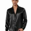 Allegra K Men's Dress Satin V Neck Long Sleeves Button Down Slim Fit Prom Party Shirts
