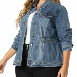 Allegra K Plus Size Denim Jackets For Women Classic Washed Front Jean Jacket