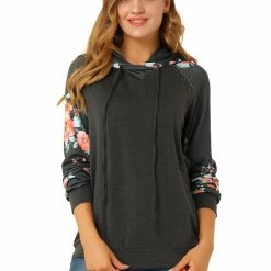Allegra K Women's Floral Hoodie Tops Long Sleeve Pullover Hooded Sweatshirt