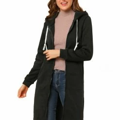 Allegra K Women's Autumn Hooded Drawstring Long Sleeve Jackets Zip Cardigan With Pockets