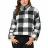 Allegra K Women's Plaid Fuzzy Zipper Casual Long Sleeve Sherpa Sweatshirt Pullover