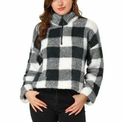 Allegra K Women's Plaid Fuzzy Zipper Casual Long Sleeve Sherpa Sweatshirt Pullover