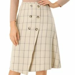 Allegra K Women's Plaid Vintage Faux Wrap Buttons Front Midi High Waist Skirt