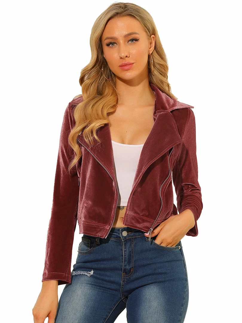 Allegra K Women's Velvet Zipper Lapel Collar Moto Biker Jacket 3 Allegra K Women's Velvet Zipper Lapel Collar Moto Biker Jacket