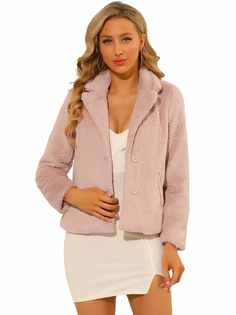 Allegra K Women's Glittery Faux Fur Coat Notched Lapel Short Fluffy Jacket 3 Allegra K Women's Glittery Faux Fur Coat Notched Lapel Short Fluffy Jacket
