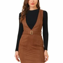 Allegra K Women's Retro Overalls Suspenders Belted V Neck Faux Suede Pinafore Dress