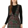 Allegra K Women's Button Front V Neck Mini Plaid Tweed Bib Overall Pinafore Dress
