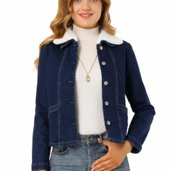 Allegra K Women's Sherpa Collar Button Down Long Sleeve Casual Stretch Denim Jacket