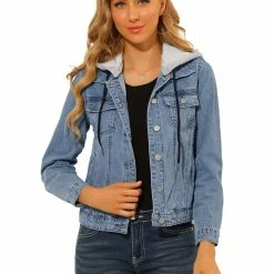 Allegra K Women's Removable Hood Jean Jacket Button Up Layered Drawstring Denim Jackets