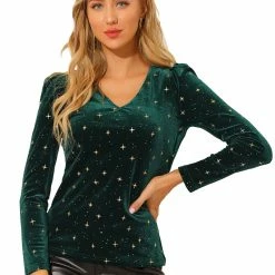 Allegra K Women's Velvet V-Neck Long Sleeve Gilding Metallic Shiny Star Blouse Top