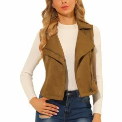 Allegra K Women's Faux Suede Vest Casual Sleeveless Biker Jacket