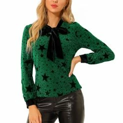 Allegra K Women's Shiny Stars Bow Tie Collar Long Sleeve Velvet Blouse Top