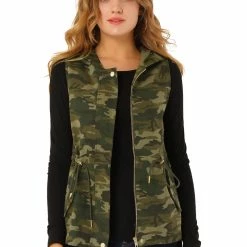 Allegra K Women's Camo Drawstring Waist Hooded Cargo Vest With Pockets