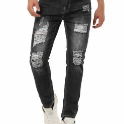 Allegra K Men's Western Ripped Jean Slim Fit Distressed Skinny Denim Jeans