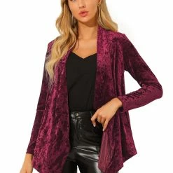 Allegra K Women's Shawl Collar Pocket Open Front Velvet Cardigan