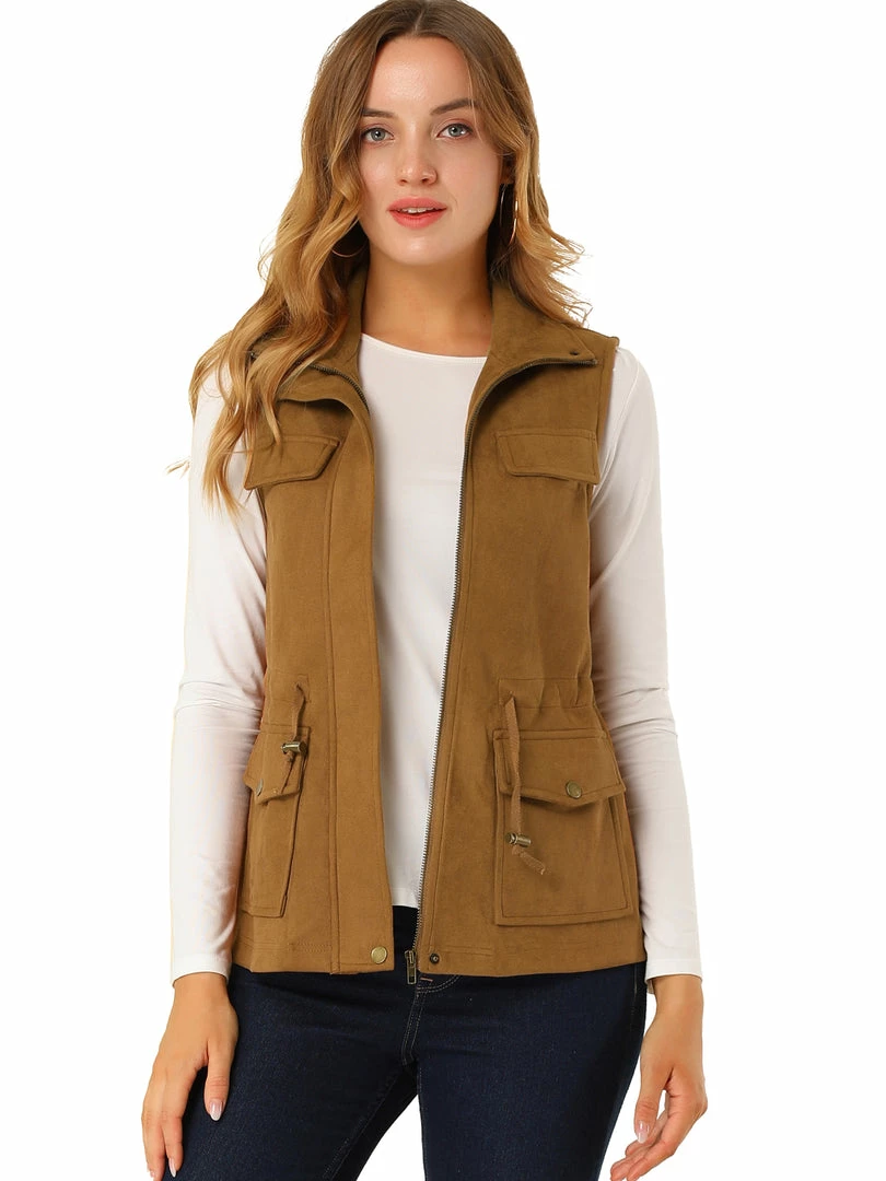 Allegra K Women's Faux Suede Drawstring Waist Zipper Snap Button Sleeveless Cargo Utility Vest 3 Allegra K Women's Faux Suede Drawstring Waist Zipper Snap Button Sleeveless Cargo Utility Vest