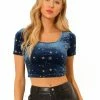 Allegra K Women's Velvet Scoop Neck Short Sleeve Slim Fit Crop Top