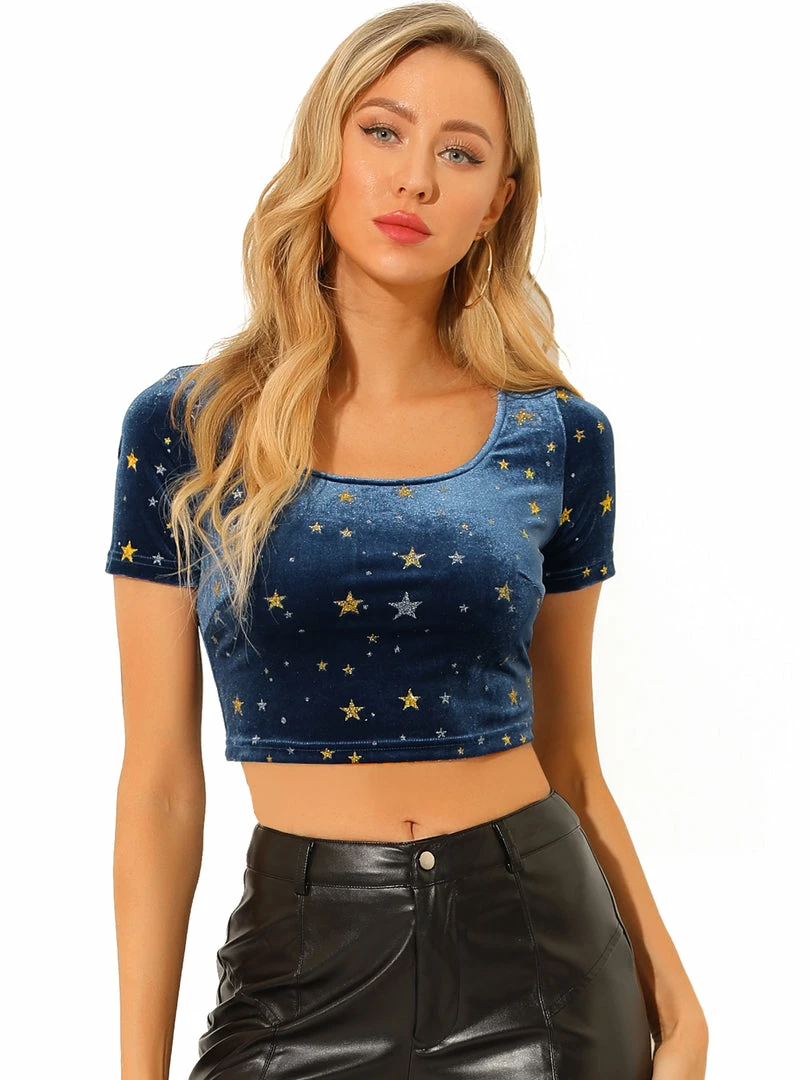 Allegra K Women's Velvet Scoop Neck Short Sleeve Slim Fit Crop Top 3 Allegra K Women's Velvet Scoop Neck Short Sleeve Slim Fit Crop Top