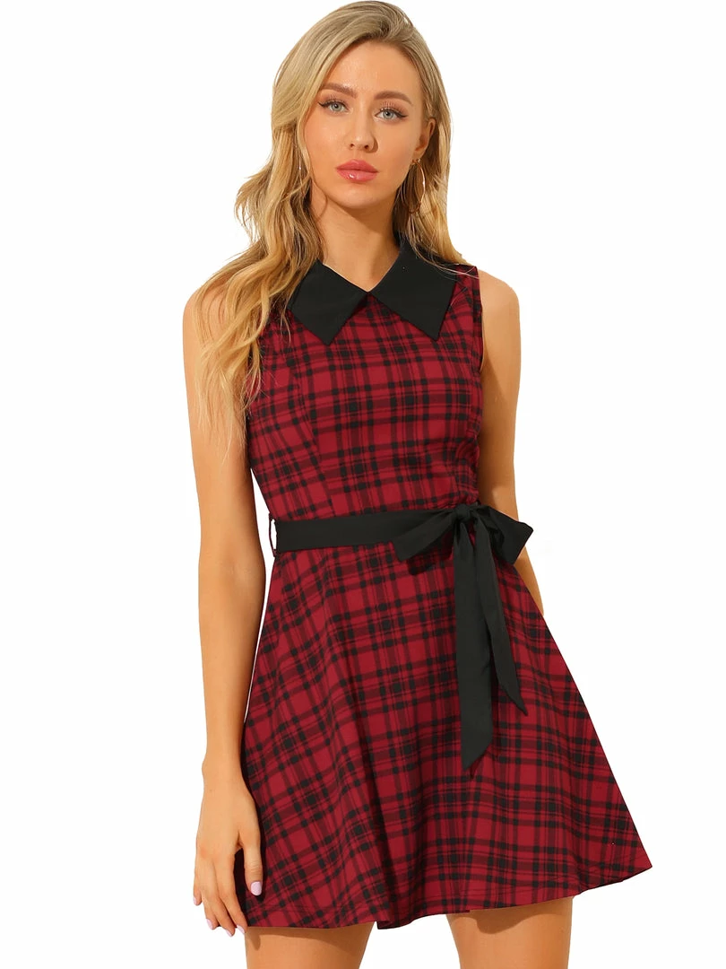Allegra K Women's A-line Belted Vintage Sleeveless Plaid Dress 3 Allegra K Women's A-line Belted Vintage Sleeveless Plaid Dress