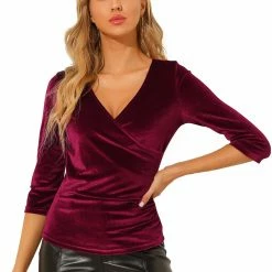 Allegra K Women's V Neck 3/4 Sleeve Cross Wrap Ruched Velvet Casual Blouse