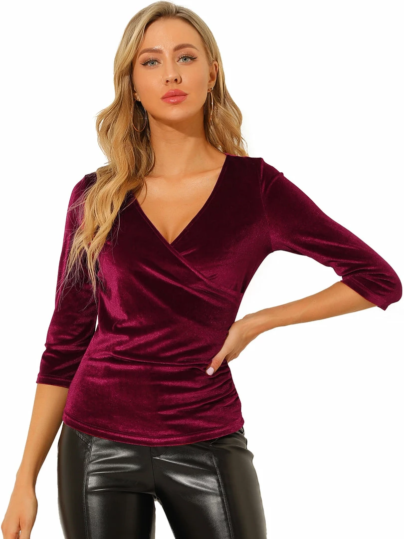 Allegra K Women's V Neck 3/4 Sleeve Cross Wrap Ruched Velvet Casual Blouse 3 Allegra K Women's V Neck 3/4 Sleeve Cross Wrap Ruched Velvet Casual Blouse