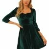Allegra K Women's Vintage Square Neck 3/4 Sleeve Velvet Dress