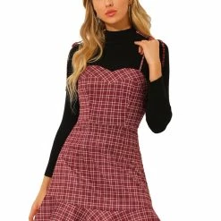Allegra K Women's Plaid Ruffled Hem Spaghetti Strap Summer Flare Mini Slip Dress