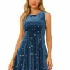 Allegra K Women's Stars Print Velvet Round Neck Sleeveless Mini Dress